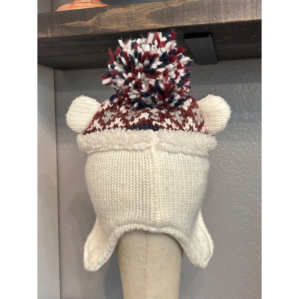 Polar Bear Knit Hat Beanie White Red Blue Pom Pom Winter Fall‎